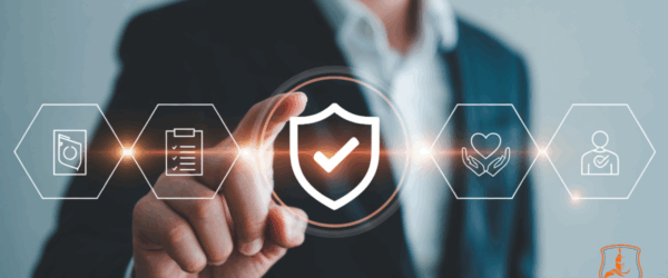 Business professional touching a digital shield and compliance icons—representing certificate of insurance verification and COI approval in California.