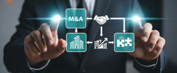 Business professional interacting with a digital M&A interface showing a handshake, growth chart, and puzzle pieces—symbolizing insurance agency acquisition value drivers in California.