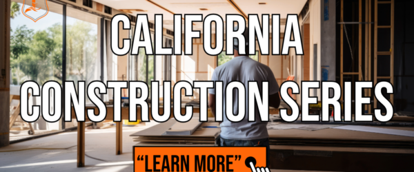 Contractor working inside a partially renovated building with overlaid text “California Construction Series” and a “Learn More” button—representing EIS California contractor insurance education.